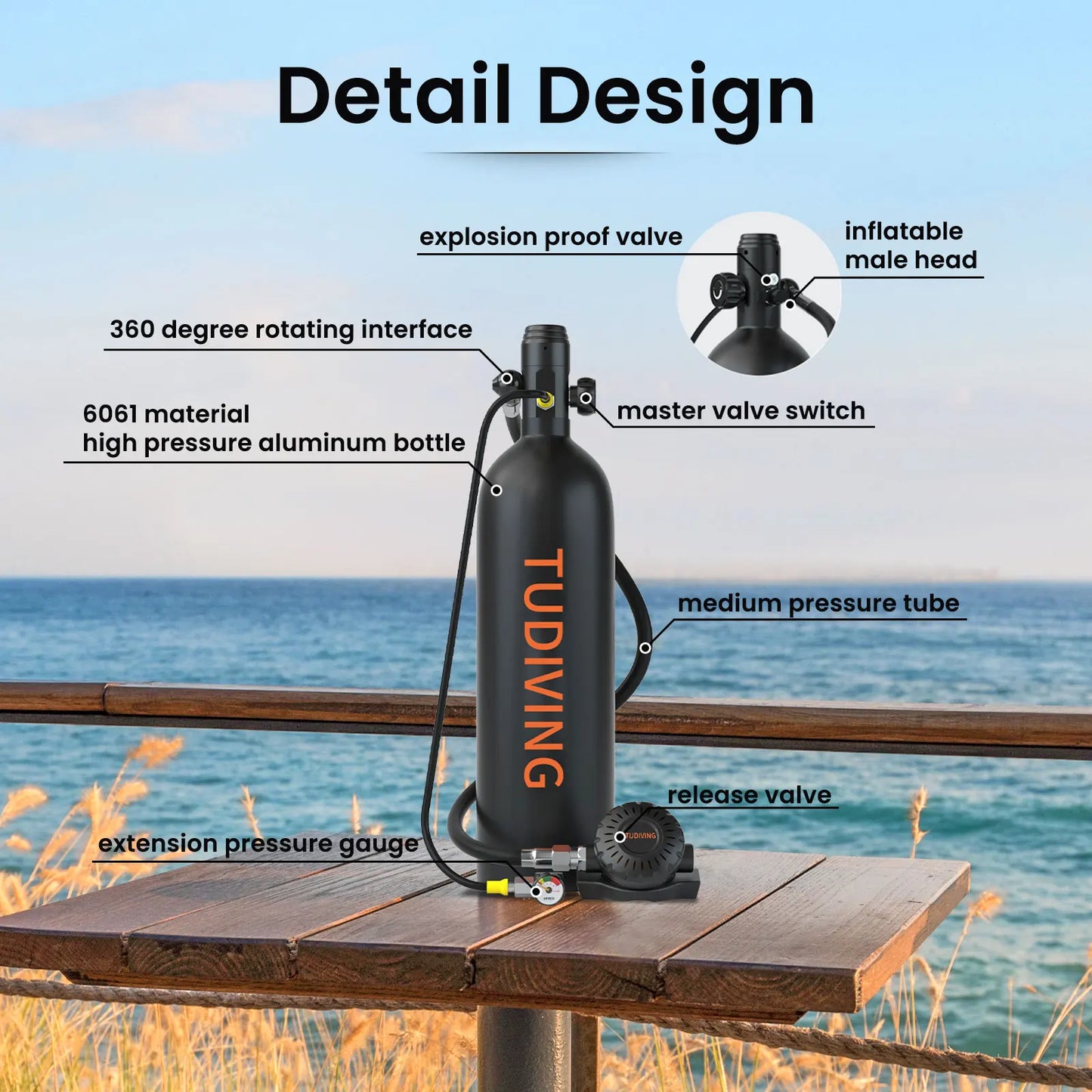 TUDIVING Portable Scuba Tank 4500Psi Cylinder Refill Bottle