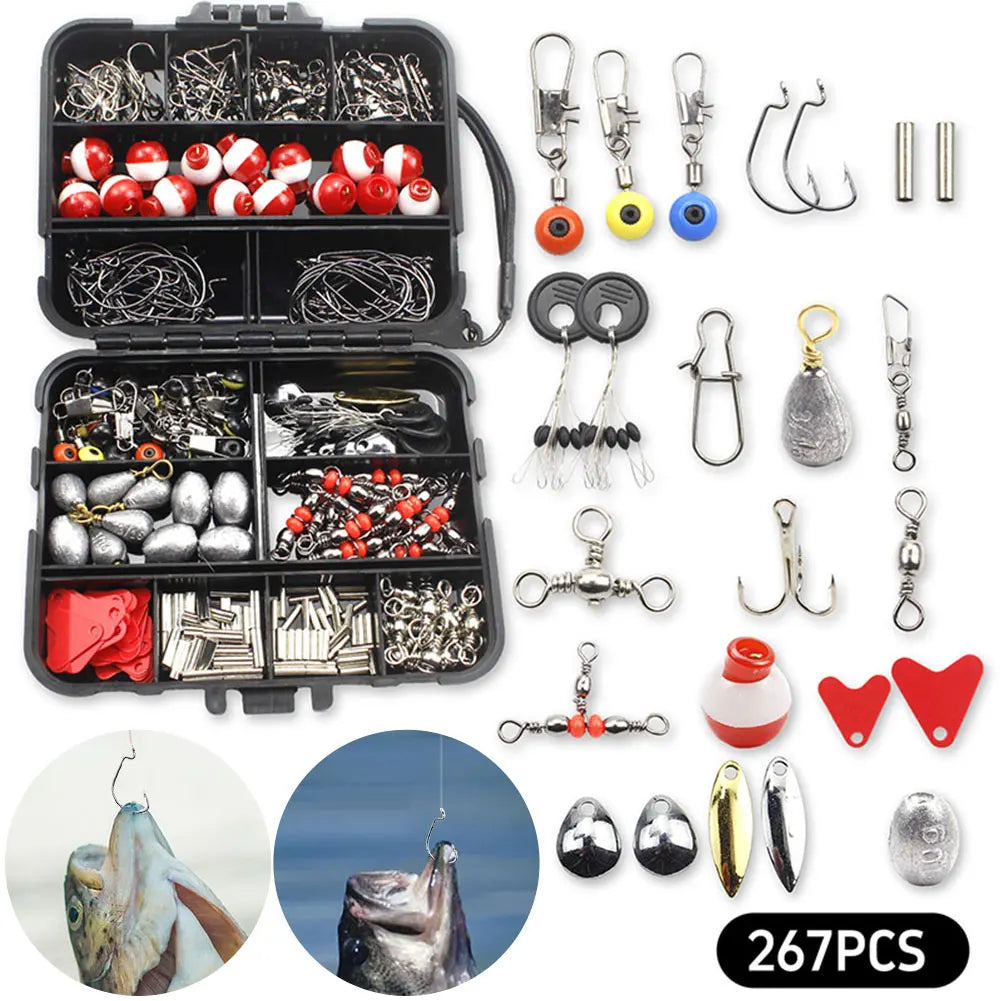 267pcs Fishing Accessories Kit with Box Hooks Bait Sinkers