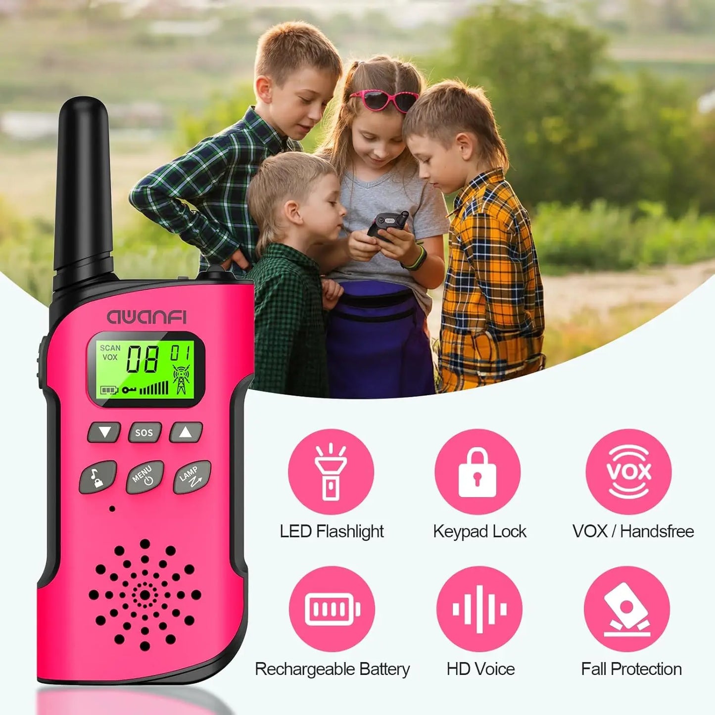 AWANFIC Kids Walkie Talkies Rechargeable 22 Channels