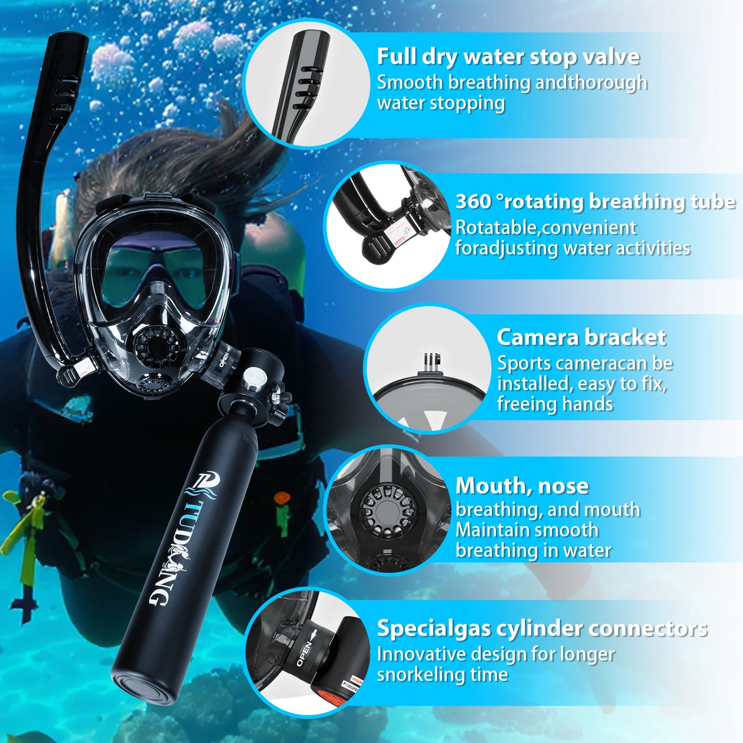 TUDIVING Mini Scuba Tank With Mask Portable Underwater Breathing Training
