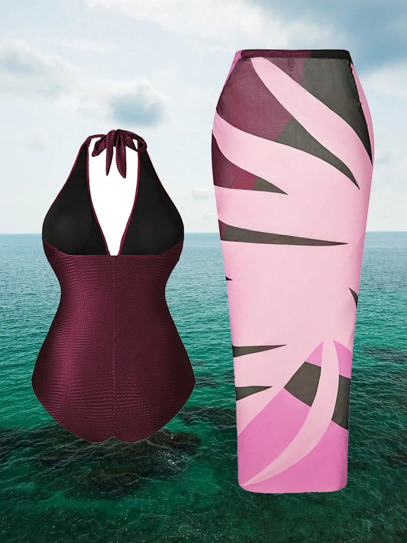 Halter One-Piece Swimsuit With Cover-Up Skirt Set For Women