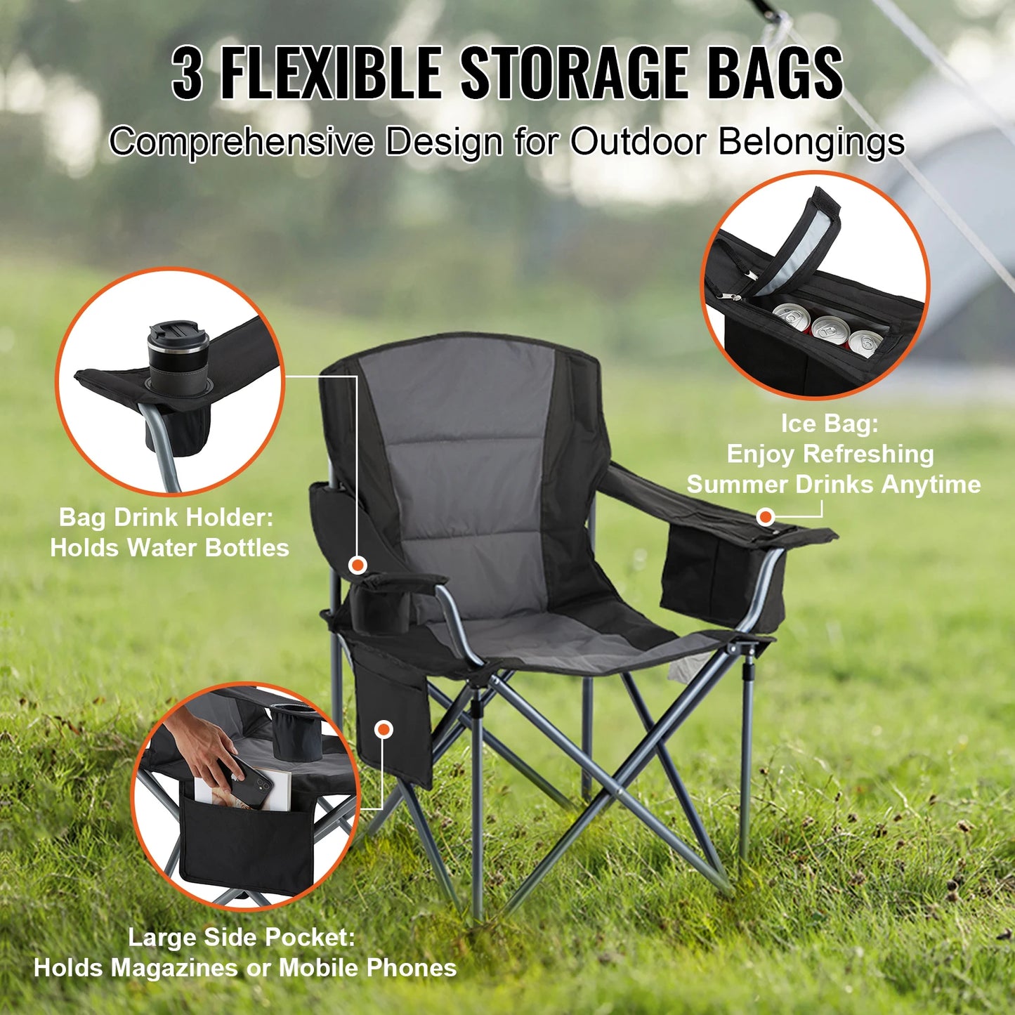 VEVOR Camping Folding Chair With Side Pockets And Padded Lumbar