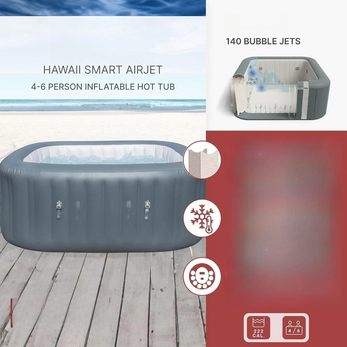 XMSJ SaluSpa AirJet Inflatable Hot Tub Square Portable Outdoor Spa