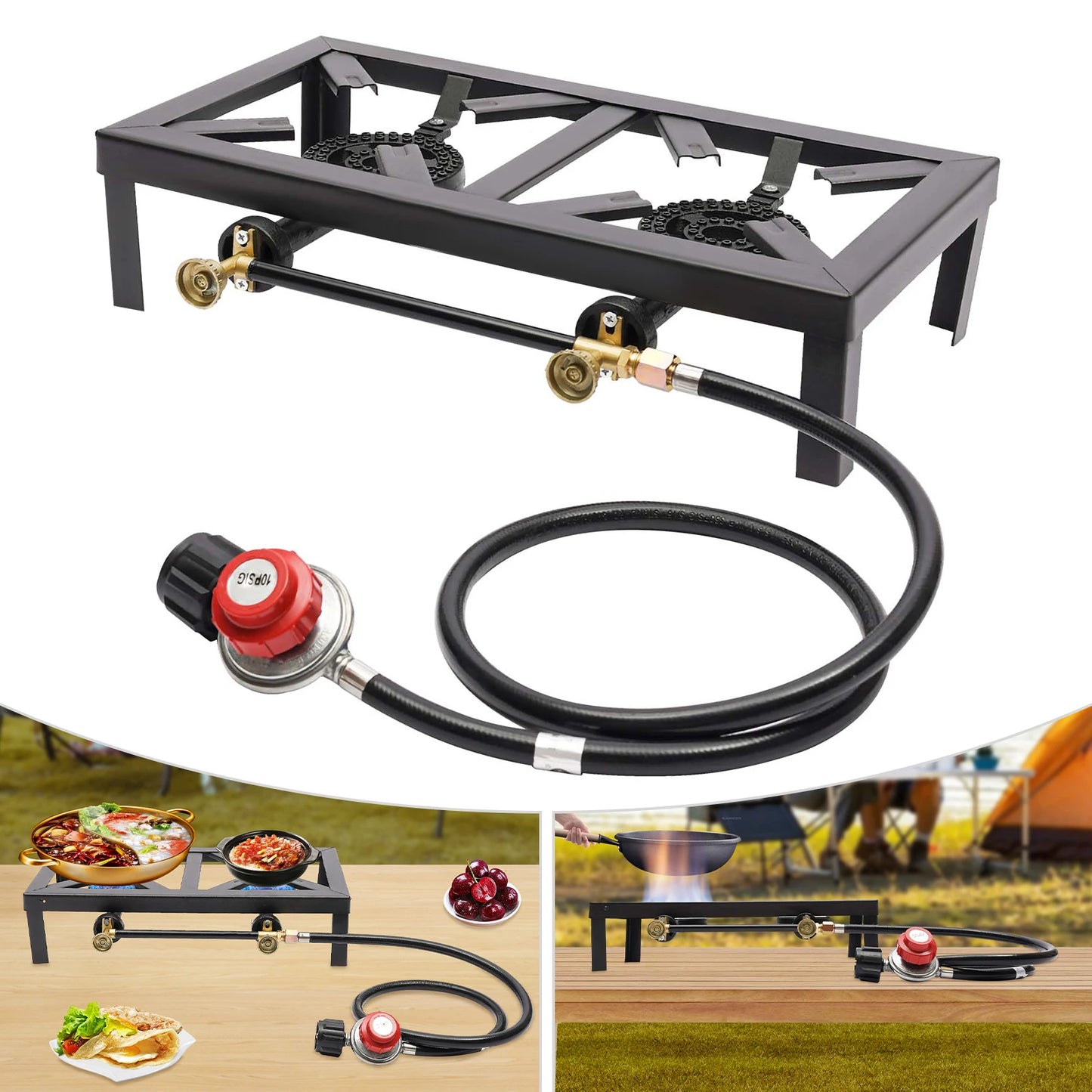 Portable Double Burner Outdoor Gas Stove With Adjustable 0-10 PSI Regulator Hose