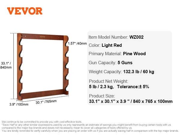 VEVOR Wall Mounted Wood Gun Rack For 5 Guns Padding