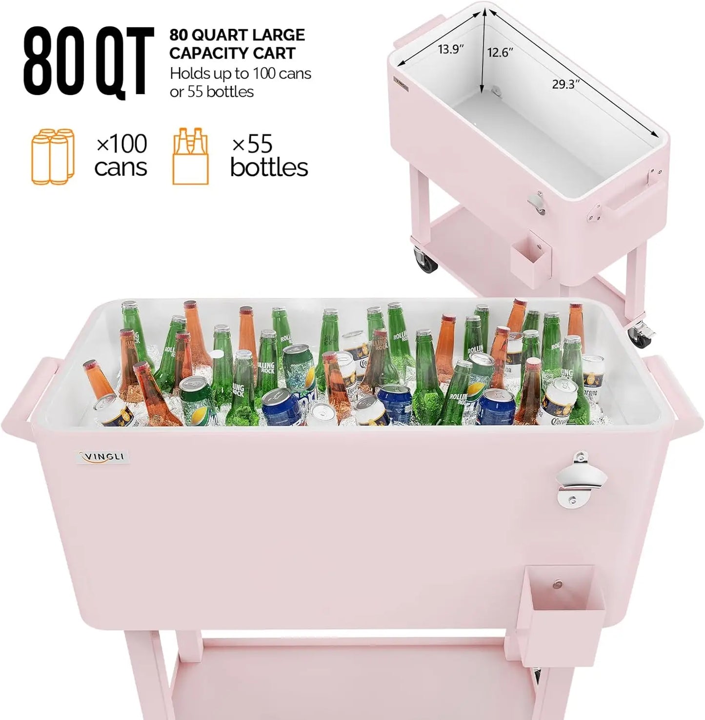 XMSJBuckets Rolling Ice Chest Cooler Cart With Shelf Bottle Opener