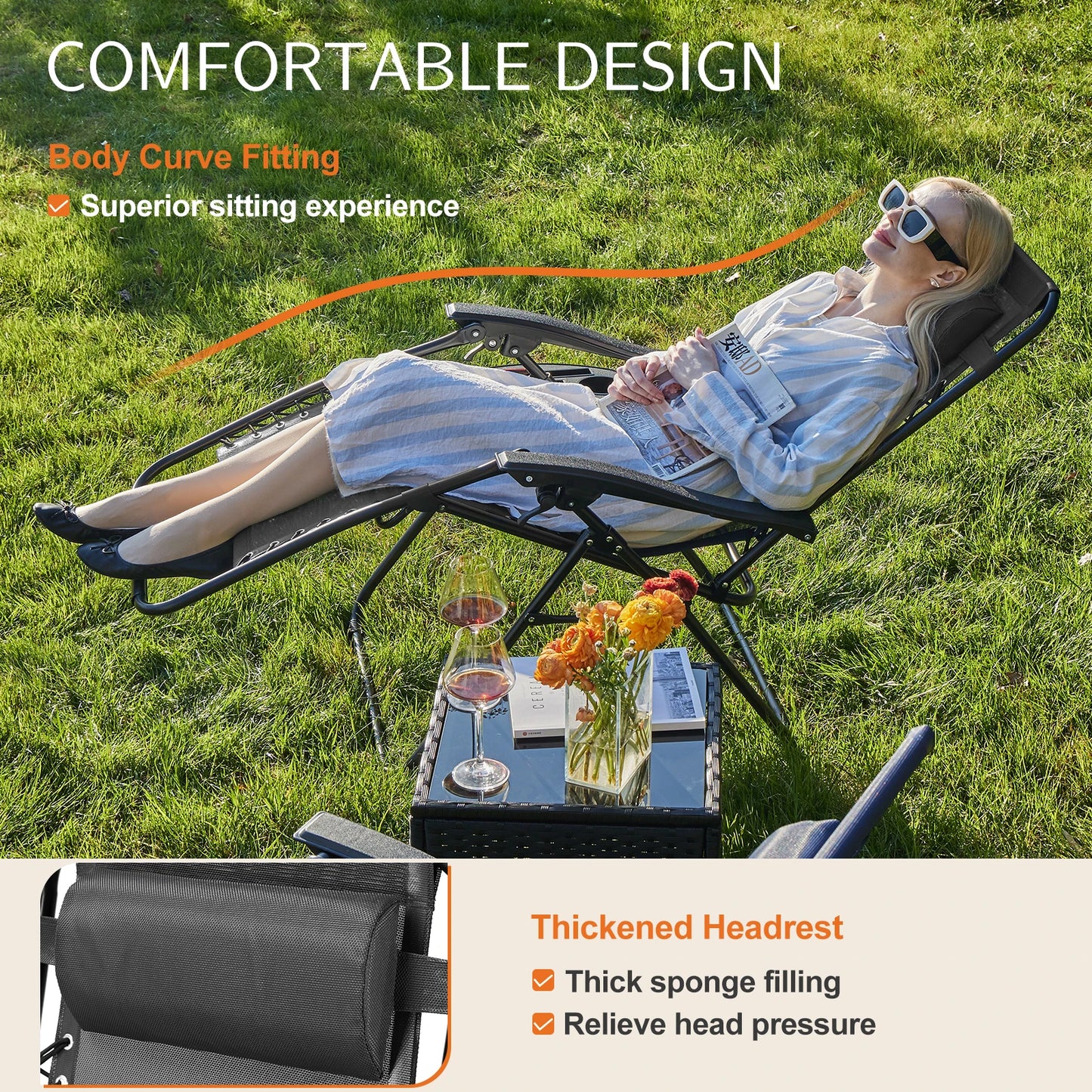 JHK Zero Gravity Lounge Chairs Set of 2 With Cup Holder Trays