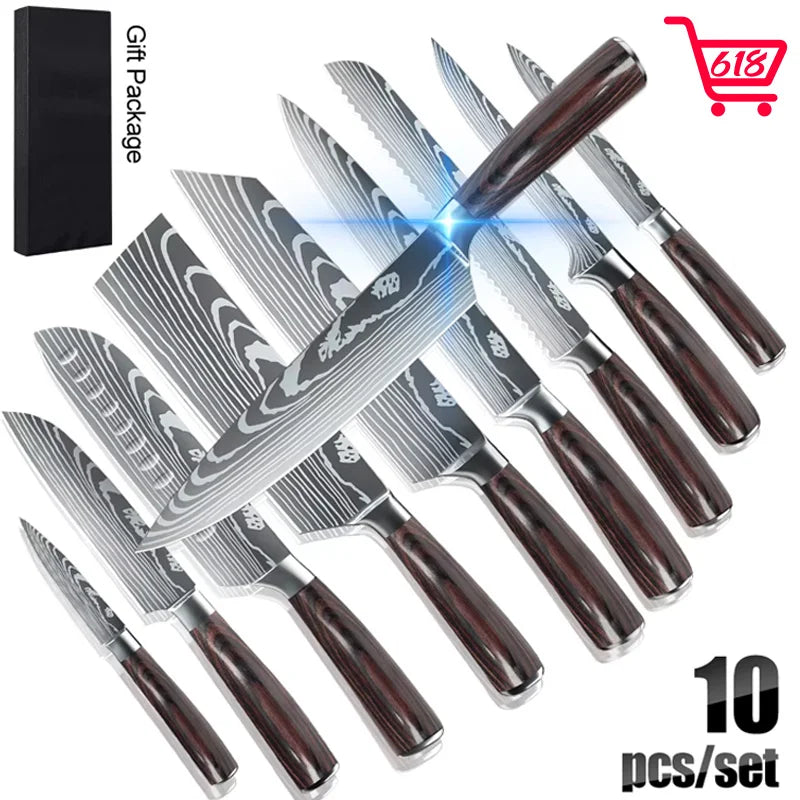 MDHAND Damascus Pattern Knife Set 8 To 10 Piece Steel