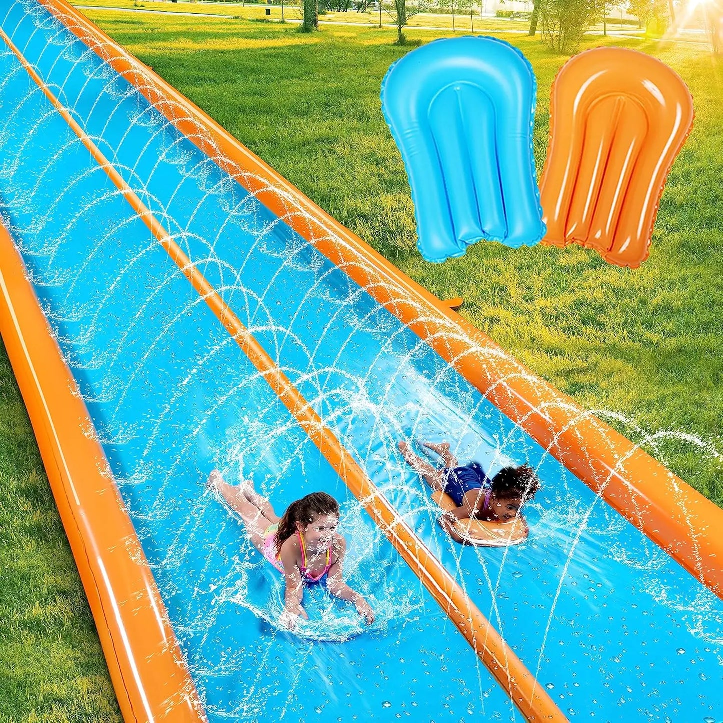 Hign-concerned Double Lane Water Slide With Sprinkler