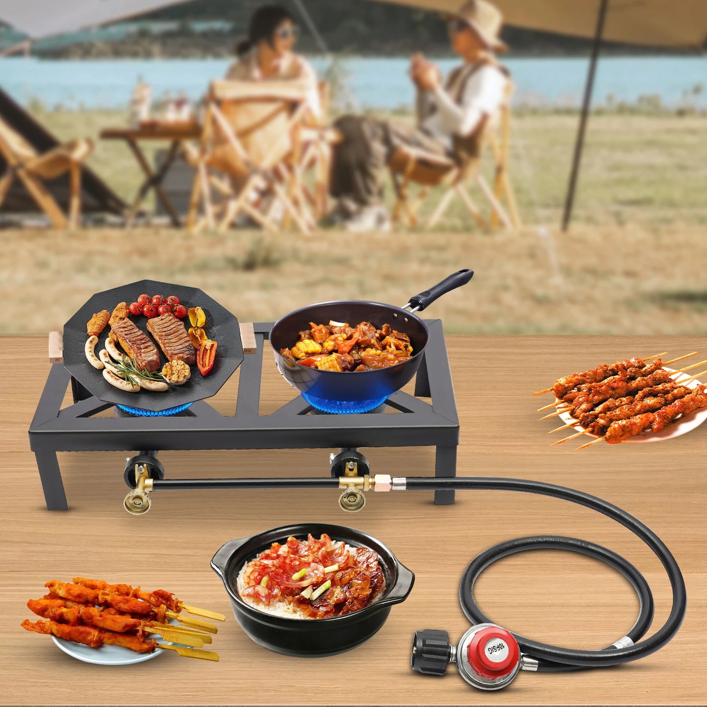 Portable Double Burner Outdoor Gas Stove With Adjustable 0-10 PSI Regulator Hose