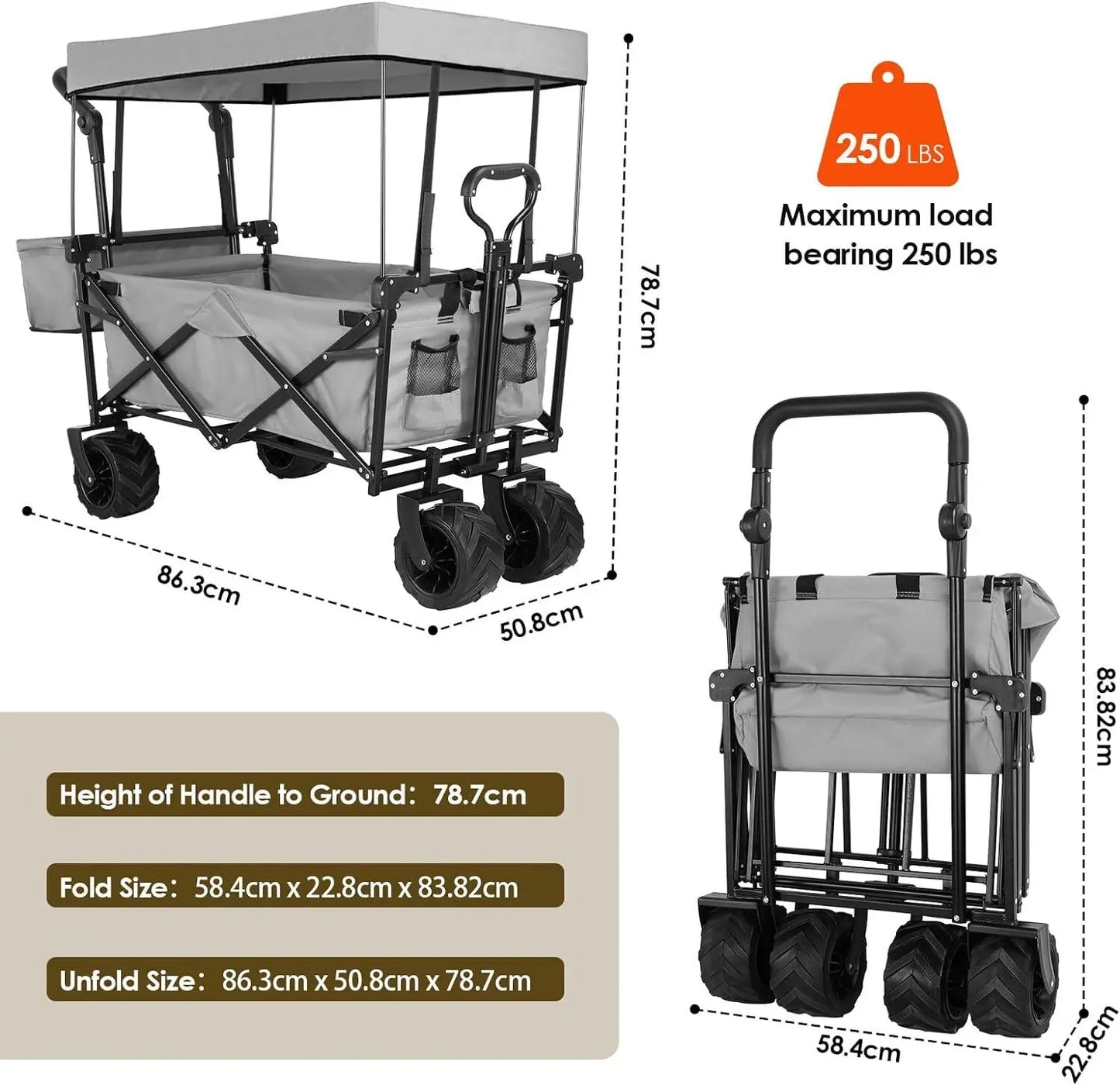 262L Collapsible Garden Cart With Removable Canopy Off Road Wheels