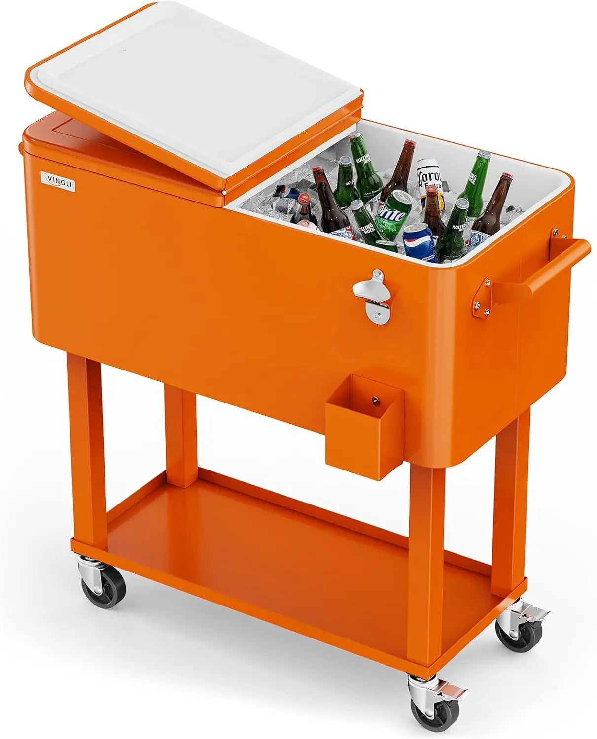 XMSJBuckets Rolling Ice Chest Cooler Cart With Shelf Bottle Opener