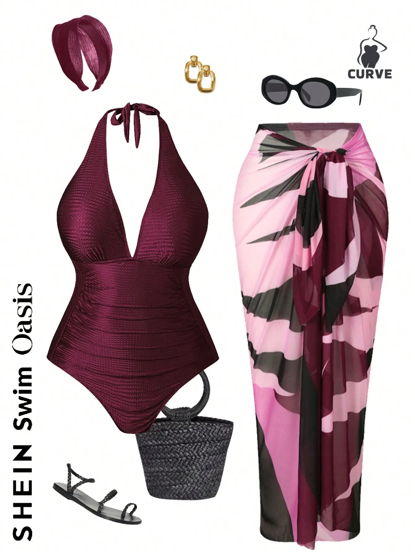 Halter One-Piece Swimsuit With Cover-Up Skirt Set For Women