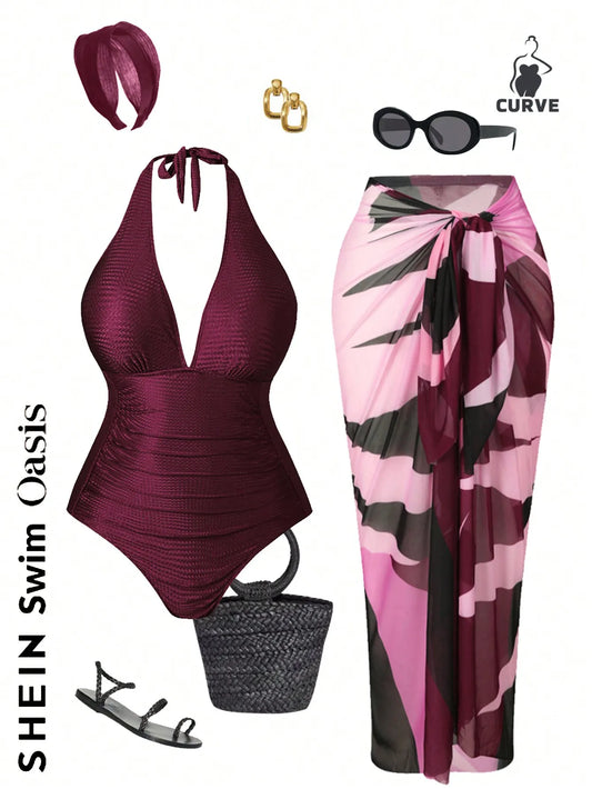 Halter One-Piece Swimsuit With Cover-Up Skirt Set For Women