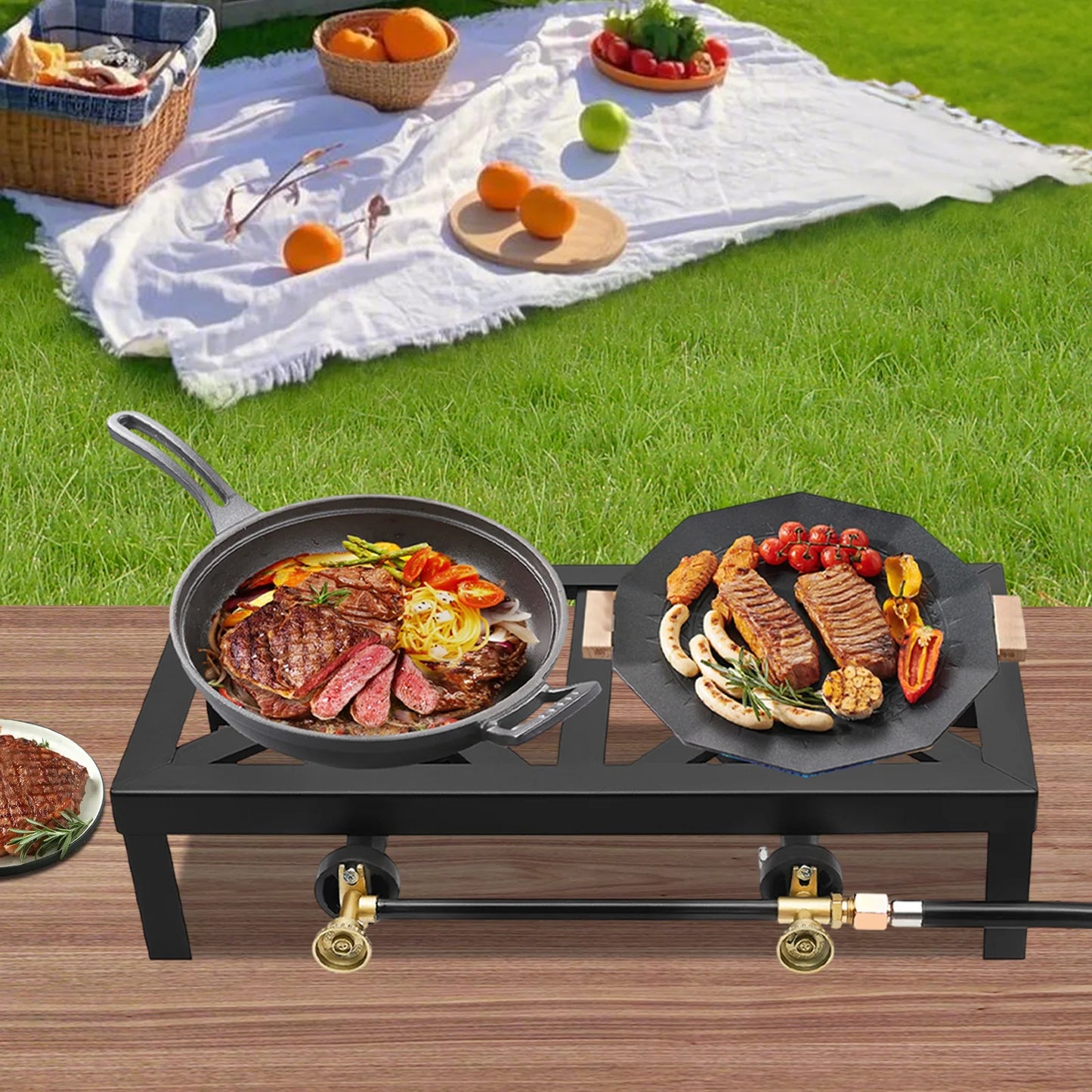 Portable Double Burner Outdoor Gas Stove With Adjustable 0-10 PSI Regulator Hose