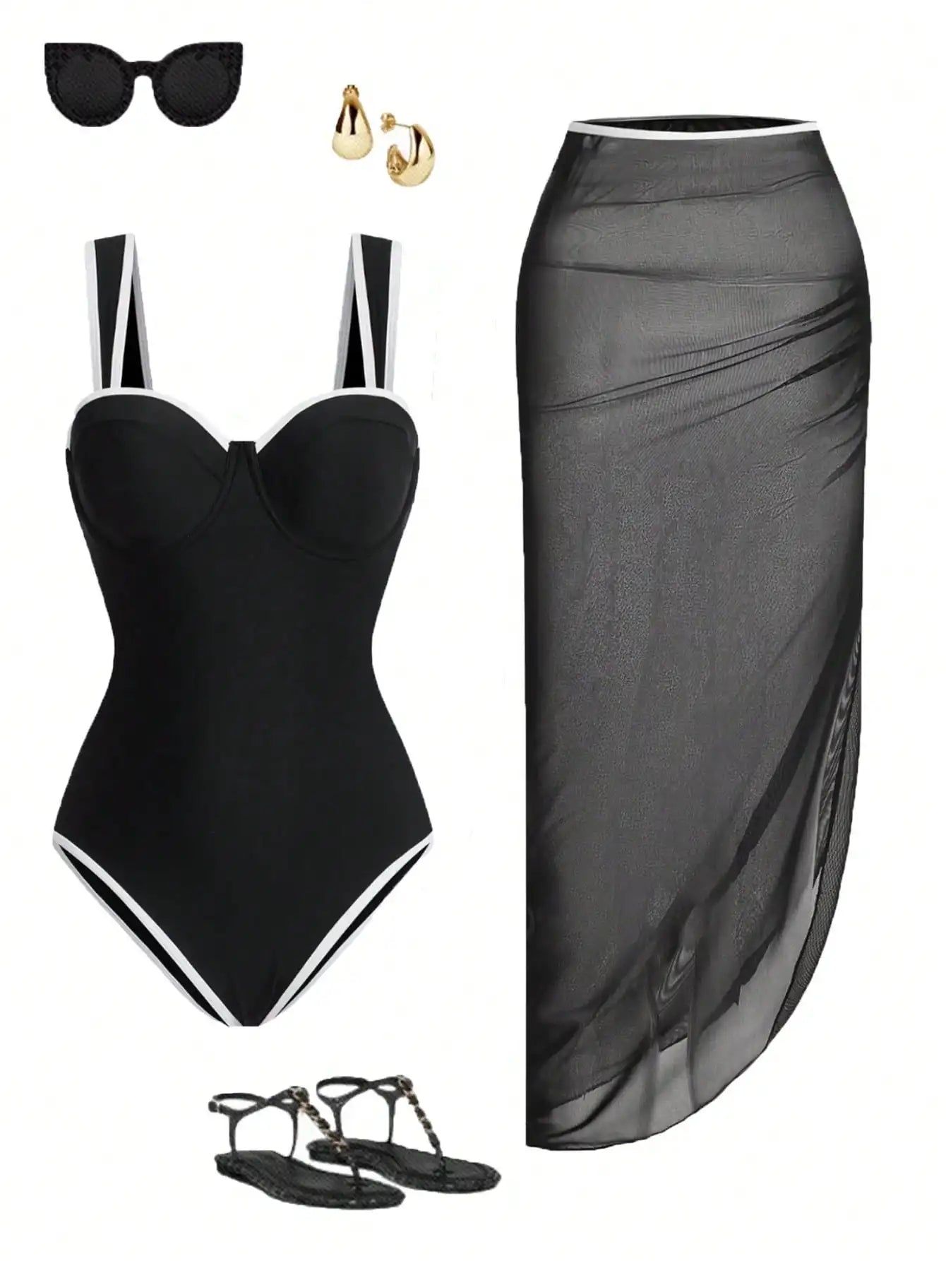 Womens One Piece Swimsuit With Mesh Cover Up Skirt Set