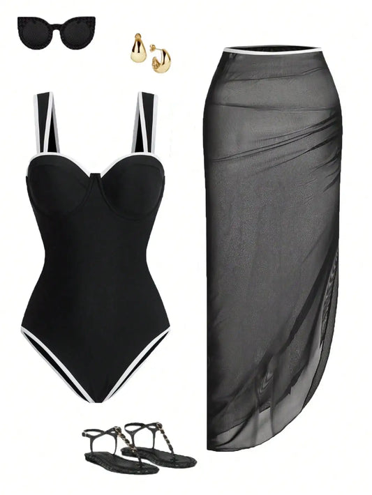Womens One Piece Swimsuit With Mesh Cover Up Skirt Set