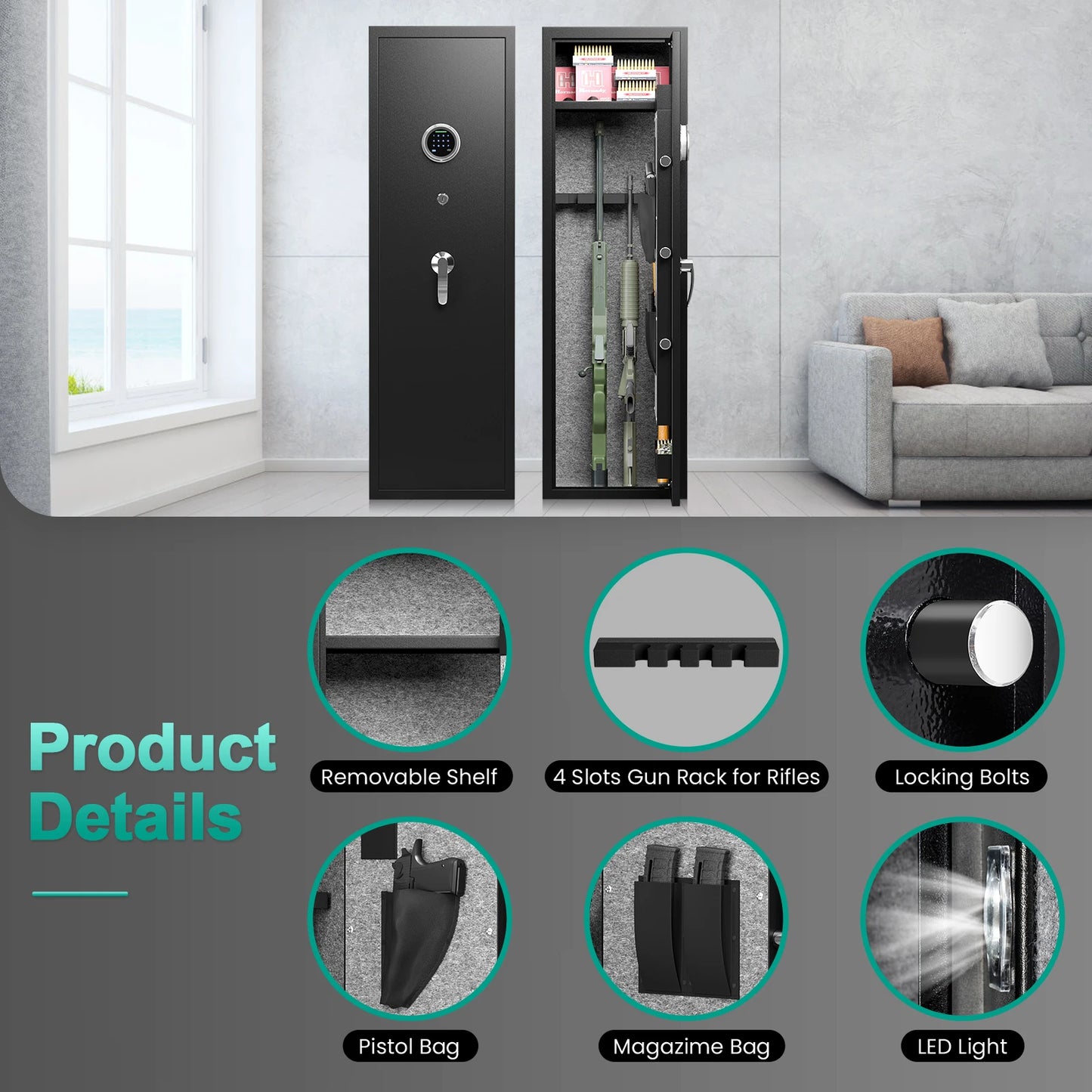 Kavey Gun Safe With Backlit Keypad And Adjustable Gun Rack