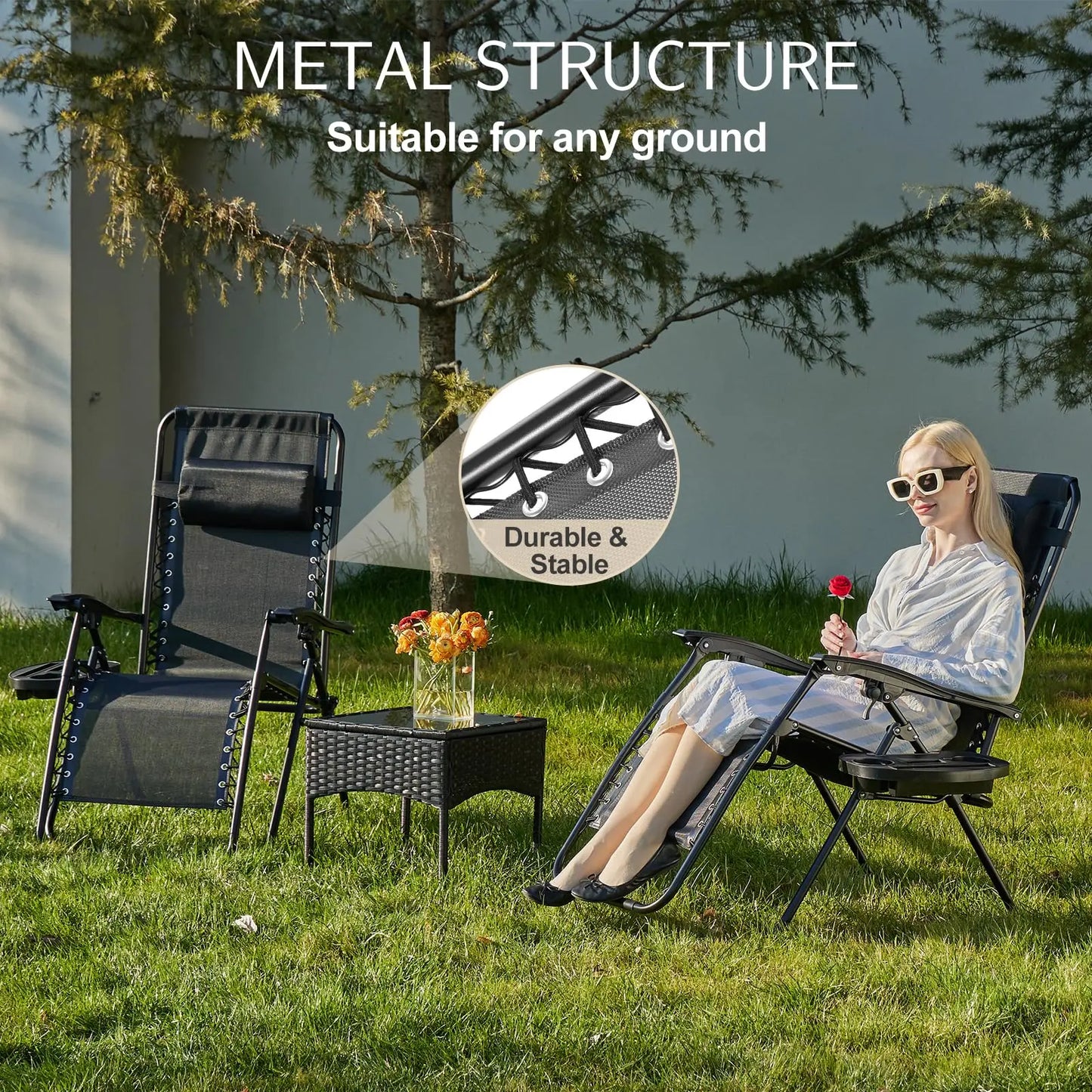 JHK Zero Gravity Lounge Chairs Set of 2 With Cup Holder Trays