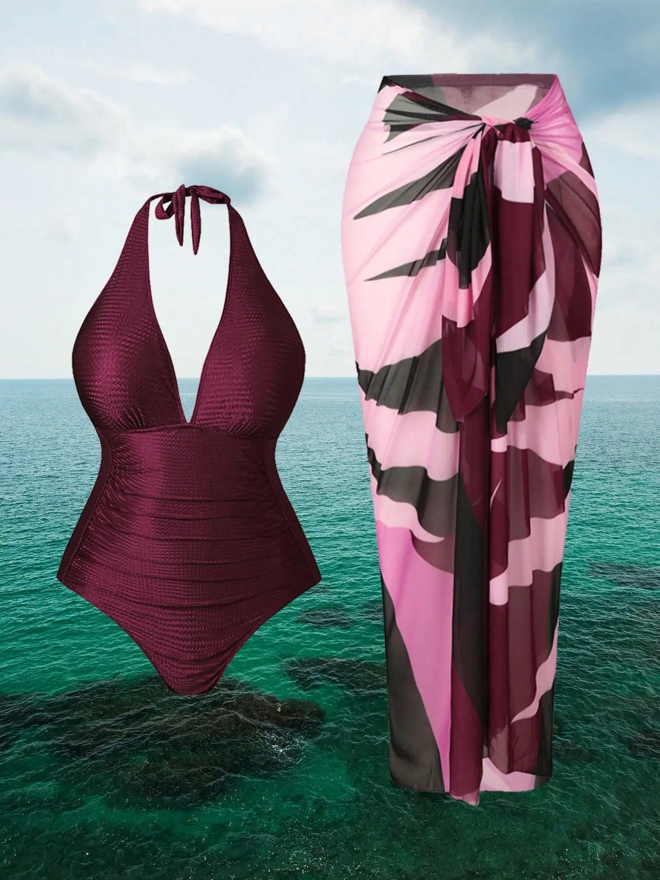 Halter One-Piece Swimsuit With Cover-Up Skirt Set For Women
