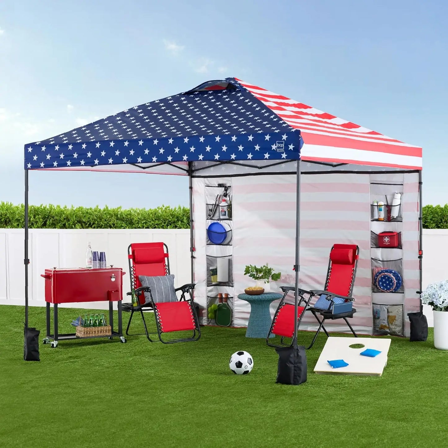 Feature Easy Pop Up Canopy With Side Wall American Flag