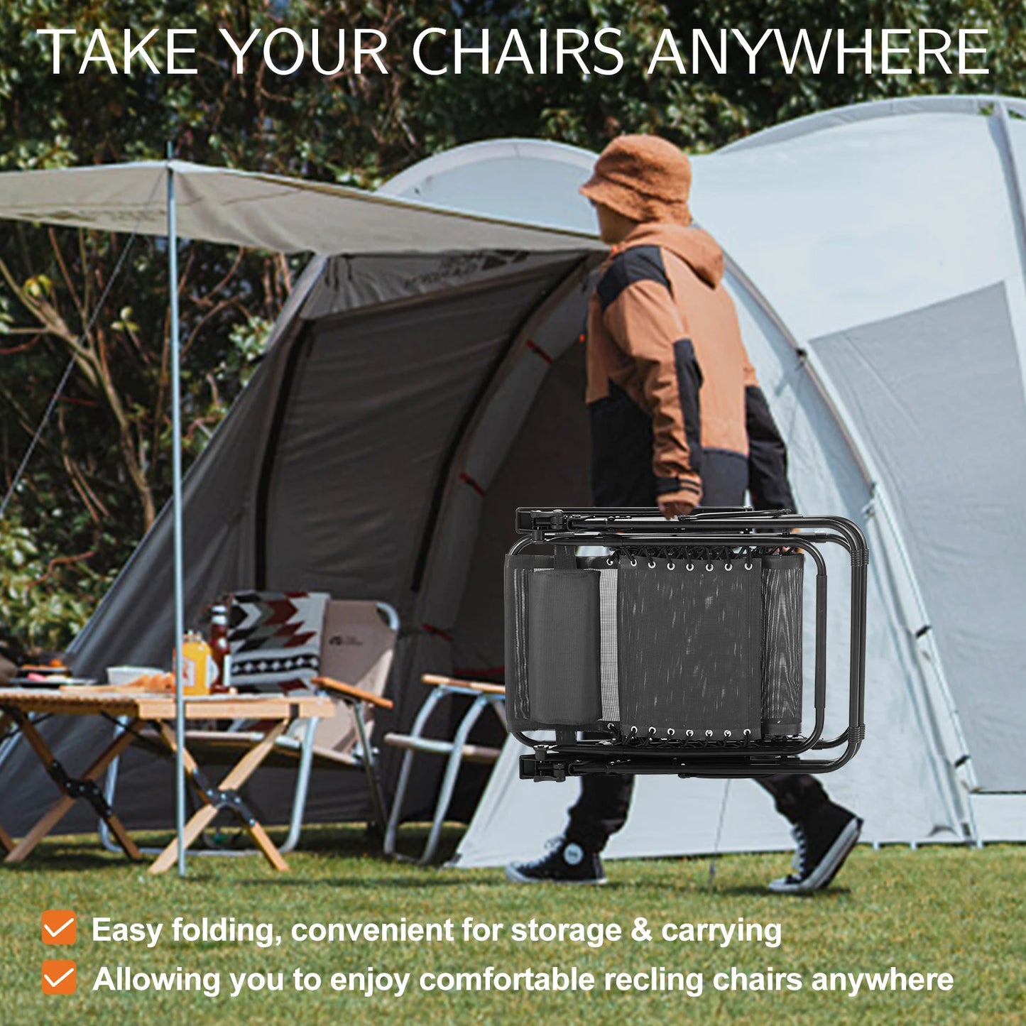 JHK Zero Gravity Lounge Chairs Set of 2 With Cup Holder Trays