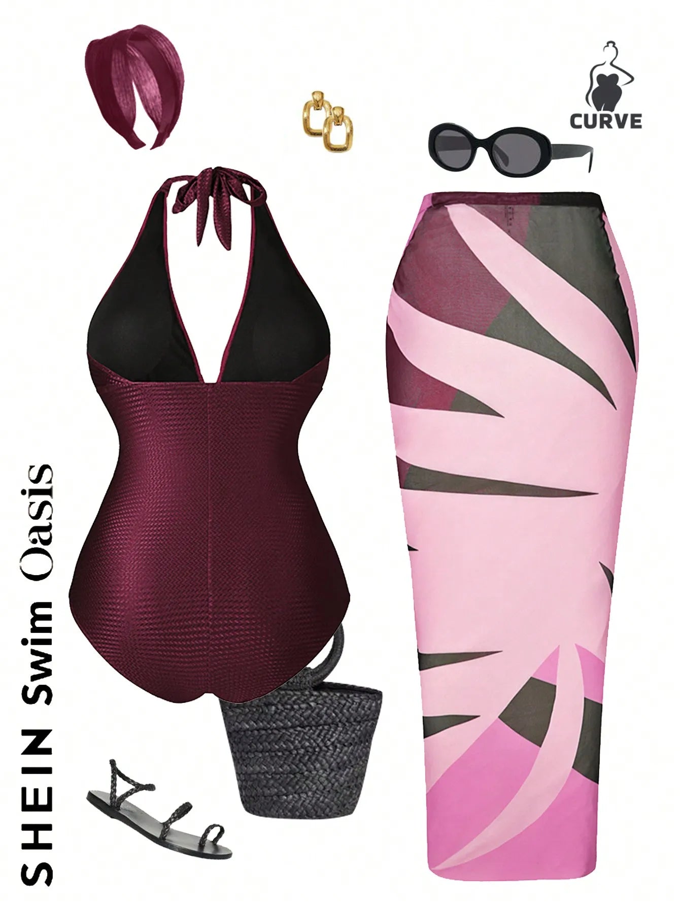Halter One-Piece Swimsuit With Cover-Up Skirt Set For Women