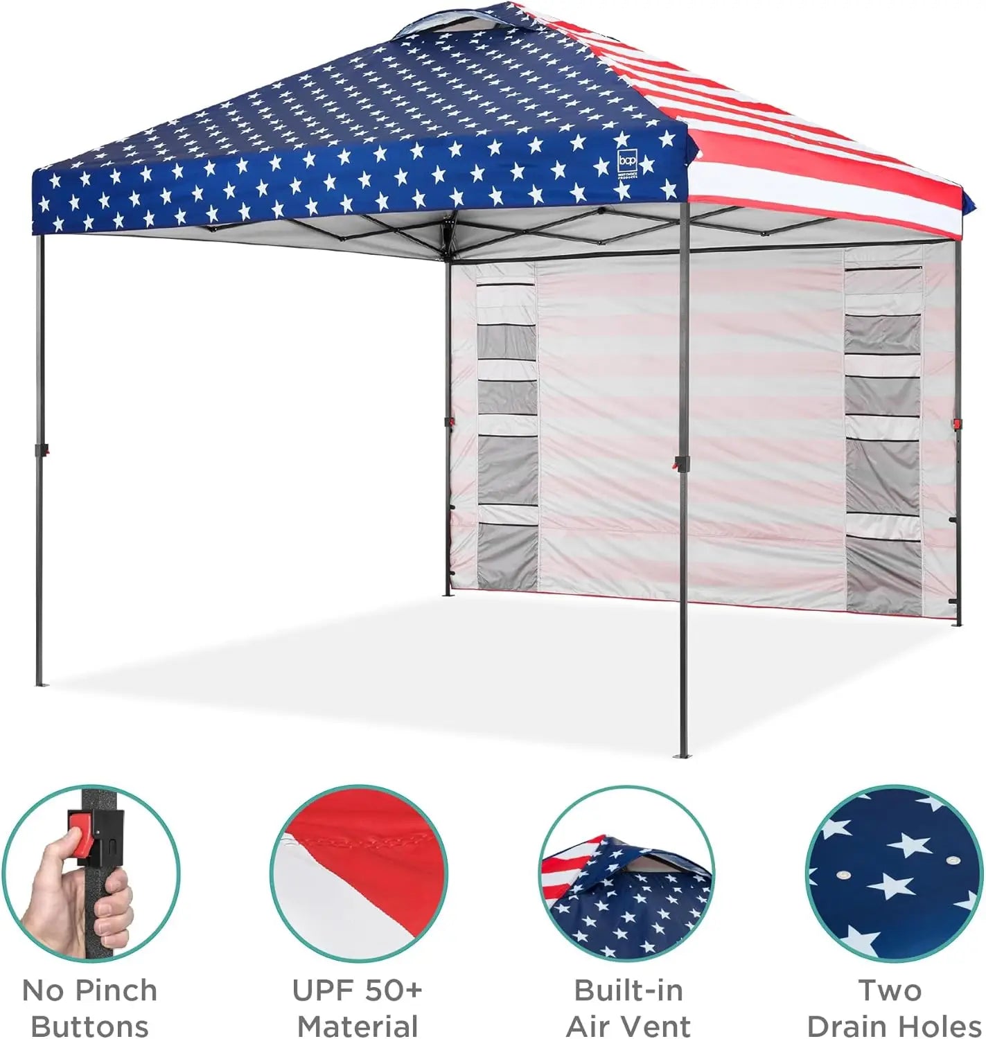 Feature Easy Pop Up Canopy With Side Wall American Flag