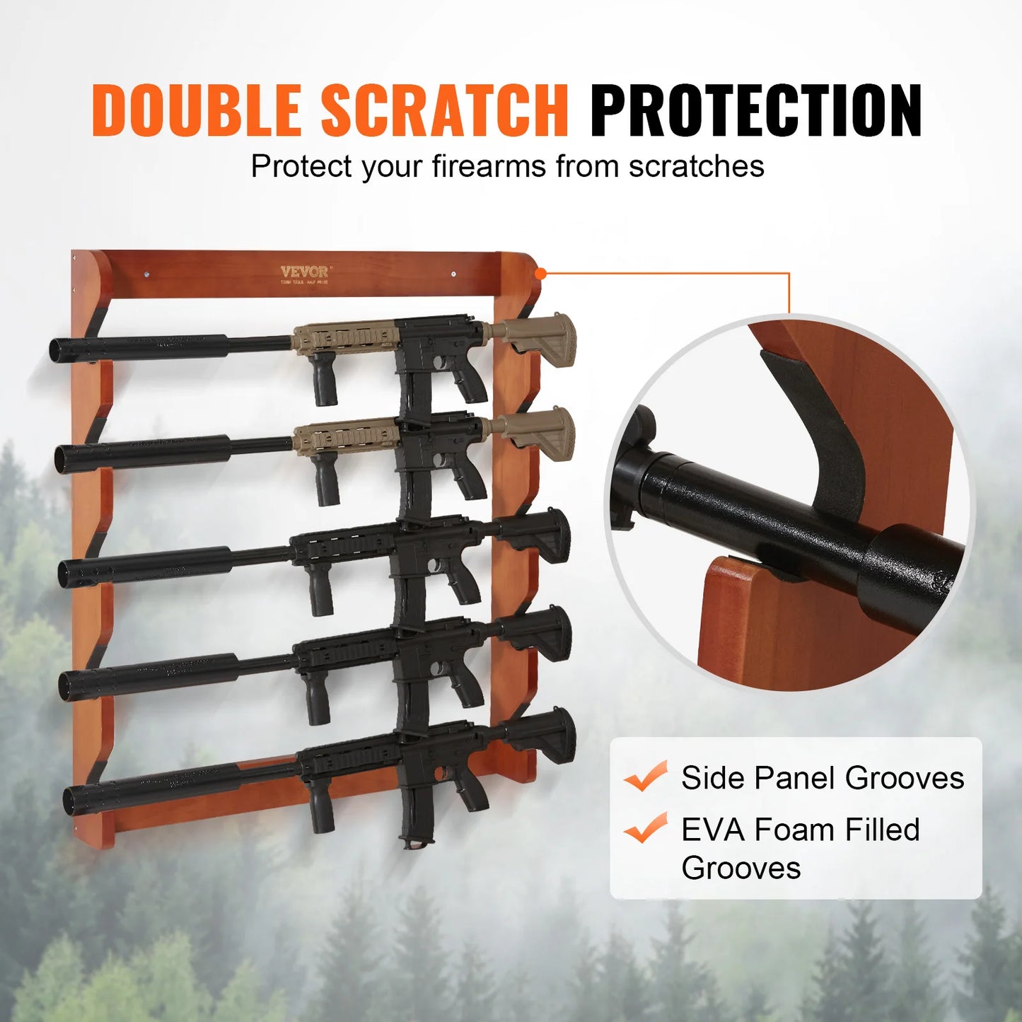 VEVOR Wall Mounted Wood Gun Rack For 5 Guns Padding