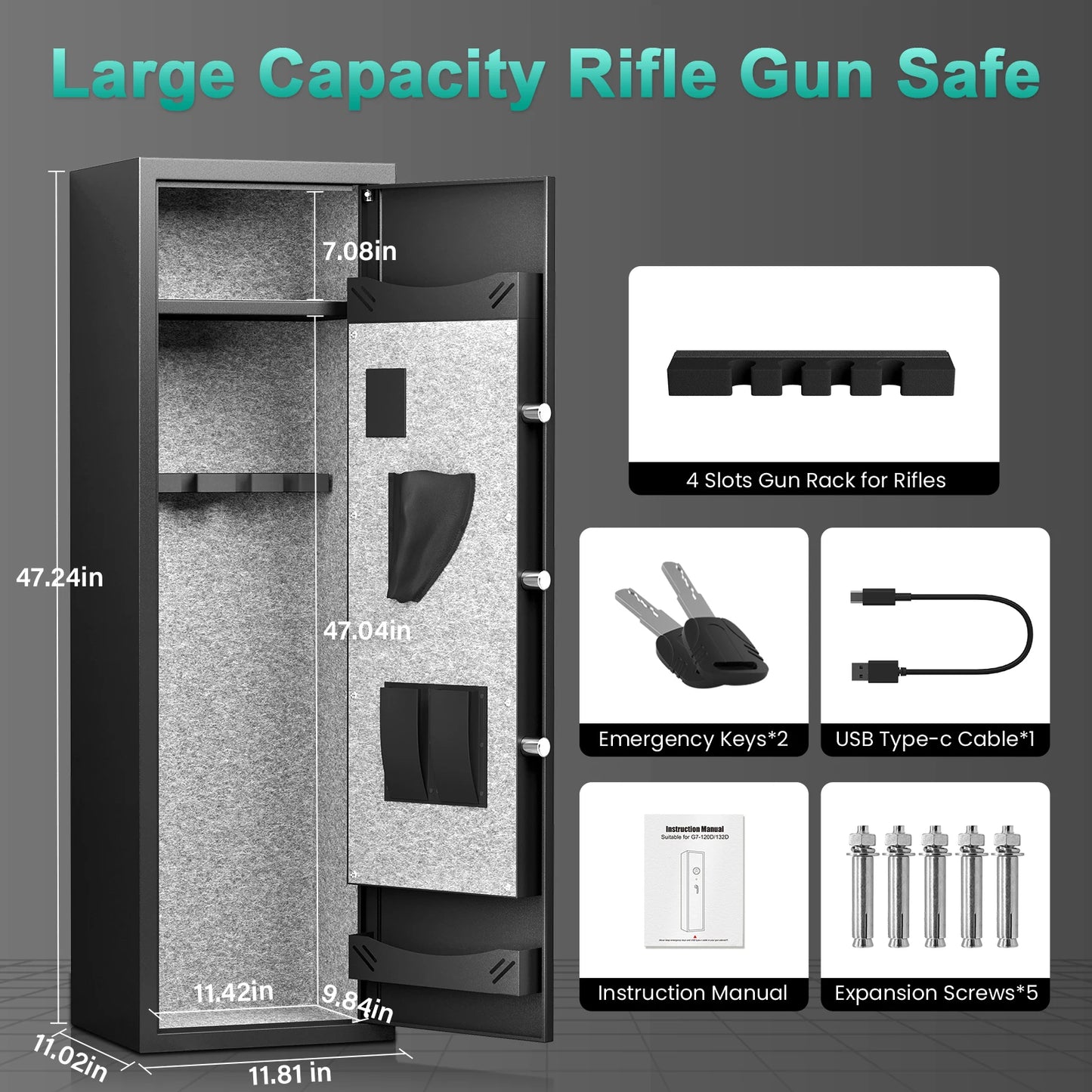 Kavey Gun Safe With Backlit Keypad And Adjustable Gun Rack