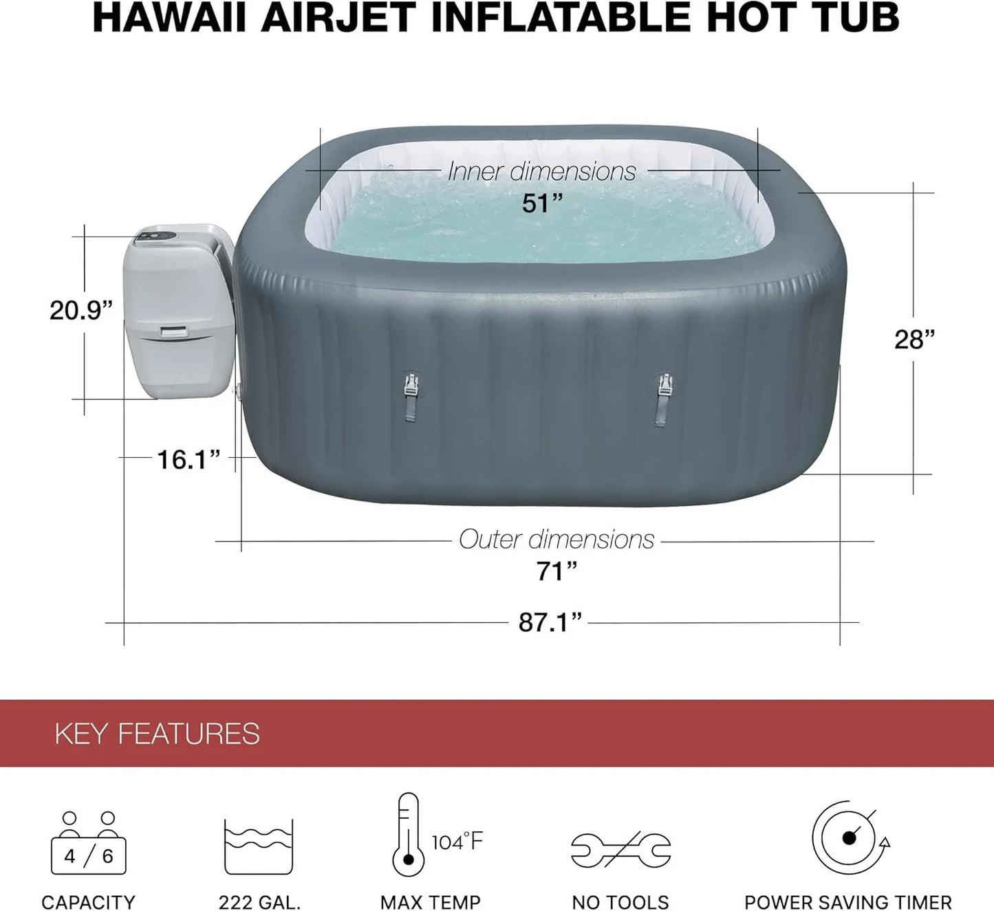 XMSJ SaluSpa AirJet Inflatable Hot Tub Square Portable Outdoor Spa