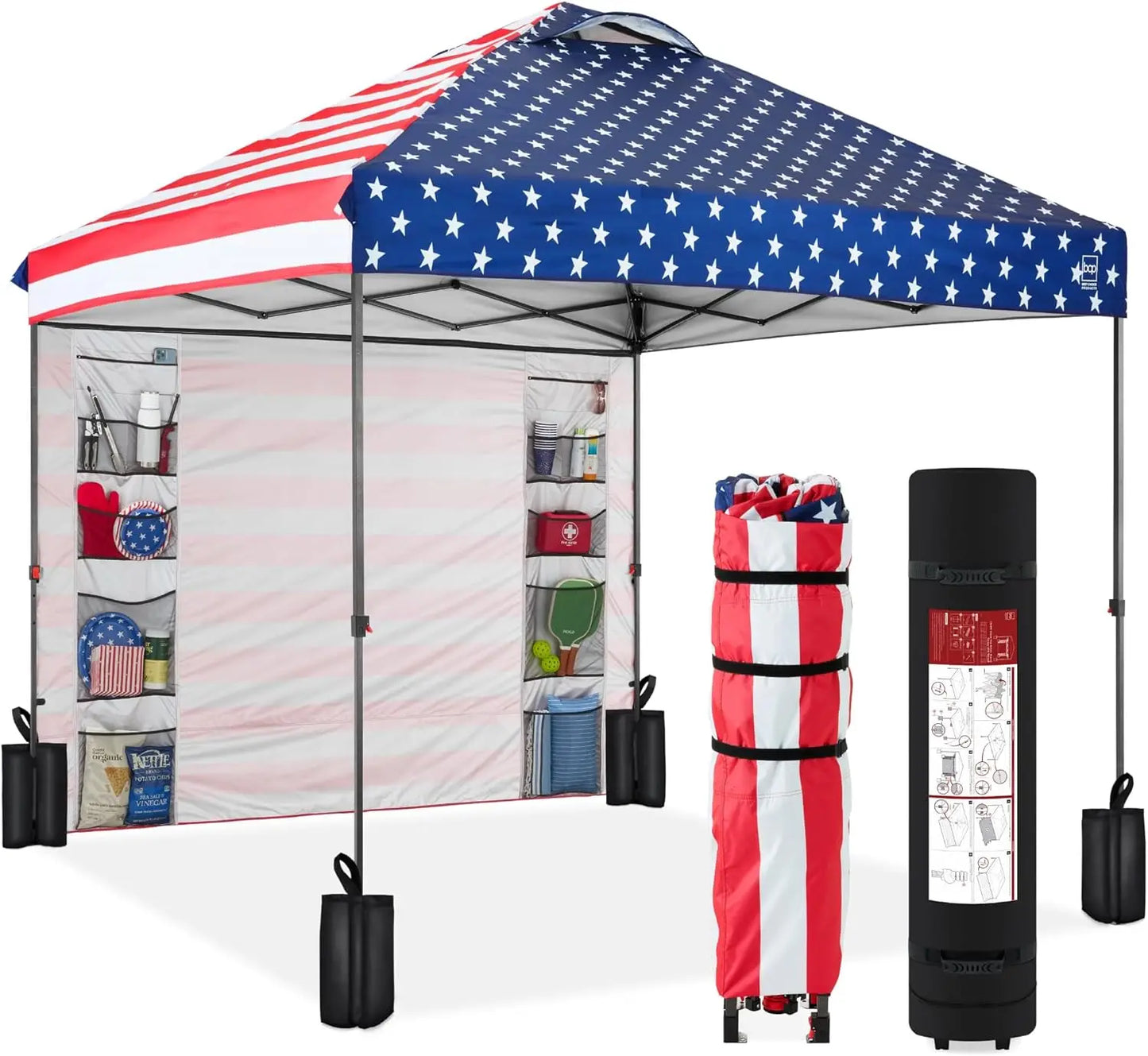 Feature Easy Pop Up Canopy With Side Wall American Flag