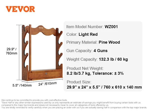 VEVOR Wall Mounted Wood Gun Rack For 5 Guns Padding