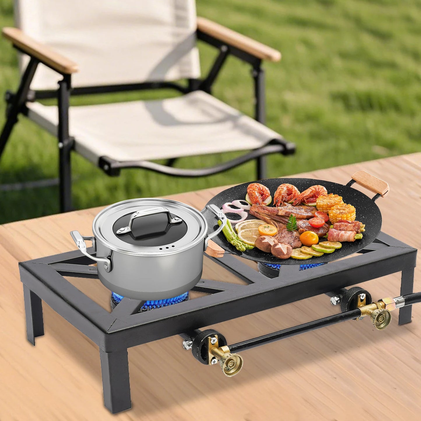 Portable Double Burner Outdoor Gas Stove With Adjustable 0-10 PSI Regulator Hose