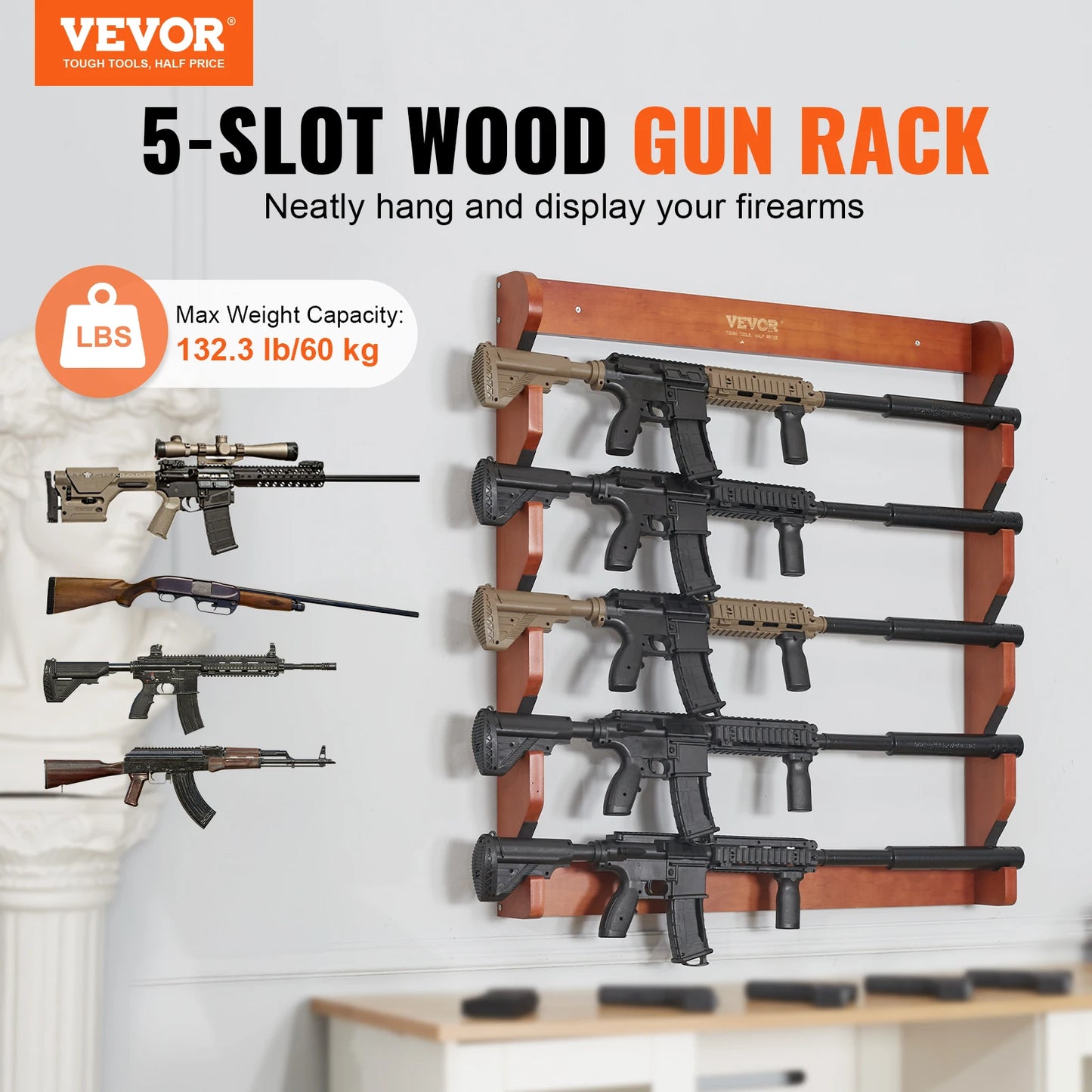 VEVOR Wall Mounted Wood Gun Rack For 5 Guns Padding