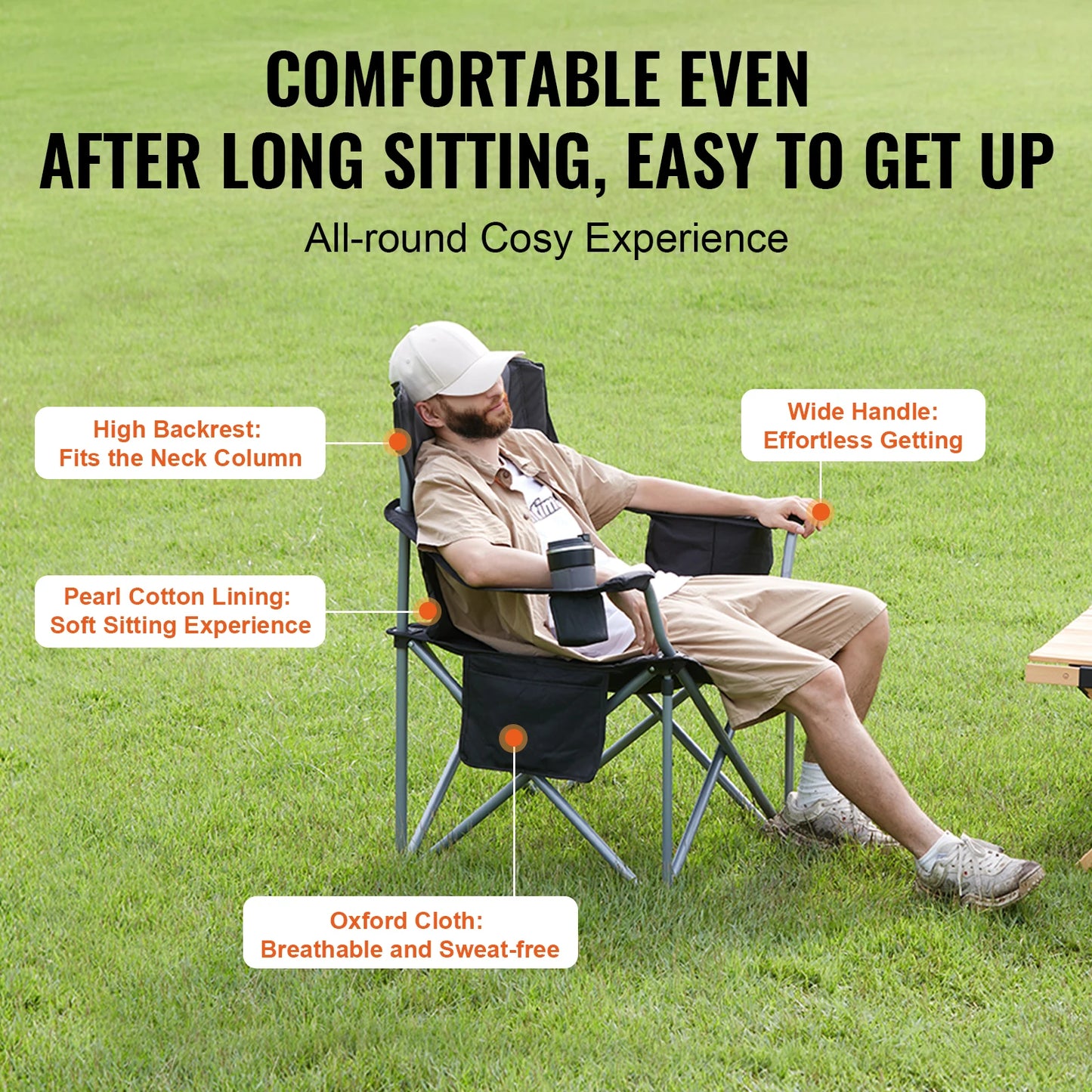 VEVOR Camping Folding Chair With Side Pockets And Padded Lumbar