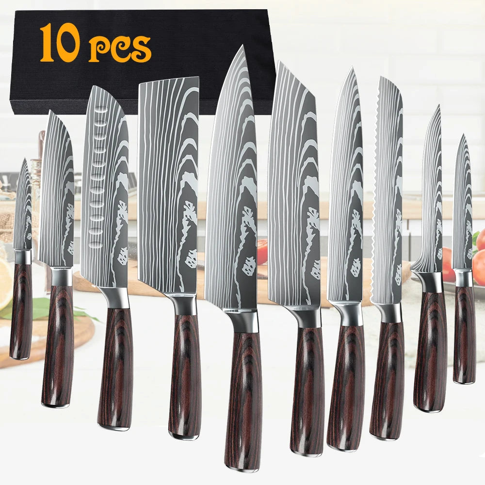 MDHAND Damascus Pattern Knife Set 8 To 10 Piece Steel